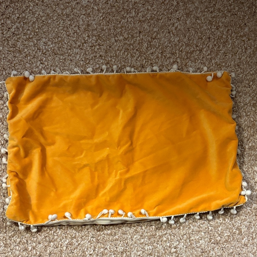 Mustard Yellow Velvet Pillow Covers with Pom Poms 12”x20”​​​ - Picture 2 of 4